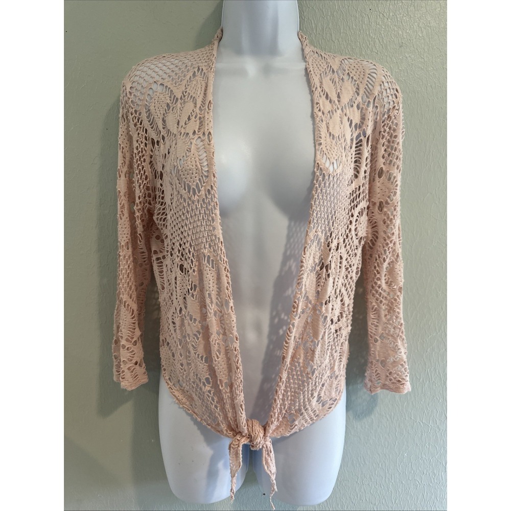 Light Pink Open Crochet Tie Front Cardigan One Size Boho Ballet Long Sleeve